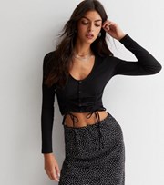 New Look Black Ruched Button Front Long Sleeve Crop Top